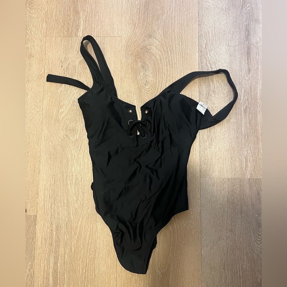 Black Aerie One-Piece Swimsuit with Lace-Up Front